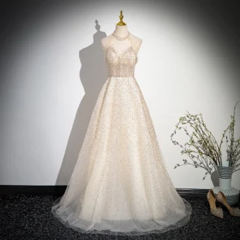 Sparkly Gold Beading Sequins Tassel Prom Dresses 2024 A Line Princess High Neck Sleeveless Backless Sweep Train Formal Dresses