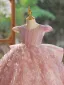 Lovely Blushing Pink Pearl Appliques Birthday Flower Girl Dresses 2024 Ball Gown Scoop Neck Cap Sleeves Bow Floor-Length / Long