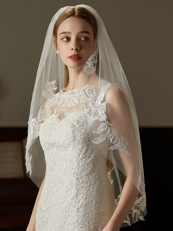 Elegant White Sequins Lace Flower 1 m Wedding Veils 2026 Tulle