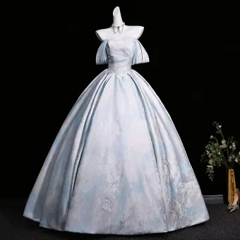 Vintage Originale Bleu Ciel Impression Robe De Bal 2026 Robe Boule De L Épaule Manches Courtes Dos Nu Noeud Longue Robe De Ceremonie