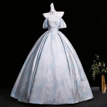 Vintage Himmelblau Drucken Ballkleider 2026 Ballkleid Off Shoulder Kurze Ärmel Rückenfreies Schleife Lange Festliche Kleider