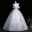 Vintage / Retro Sky Blue Printing Prom Dresses 2026 Ball Gown Off-The-Shoulder Short Sleeve Backless Bow Floor-Length / Long Formal Dresses