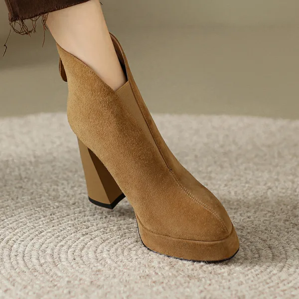Piękne Brązowy Spadek Zima Przypadkowy Zamszowe Kozaki Damskie 2024 Skórzany 10 cm Blokowe Obcasy Szpiczaste Boots