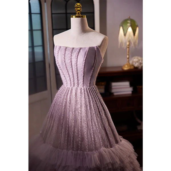 Elegant Lavender Beading Cascading Ruffles Prom Dresses 2023 A-Line / Princess Strapless Sleeveless Backless Floor-Length / Long Prom Formal Dresses