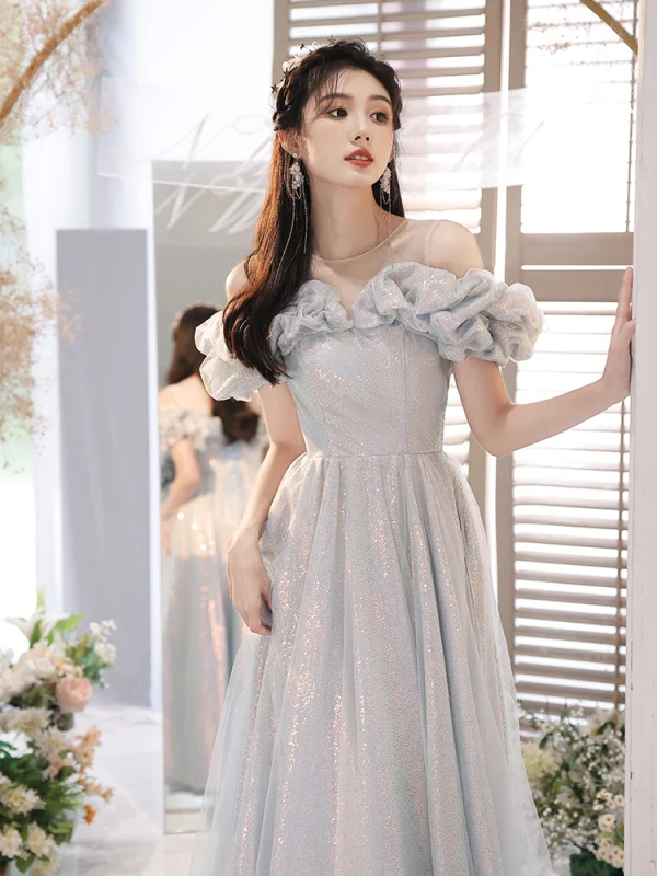 Sparkly Grey Glitter Sequins Prom Dresses 2023 A-Line / Princess Scoop Neck Ruffle Short Sleeve Backless Floor-Length / Long Prom Formal Dresses