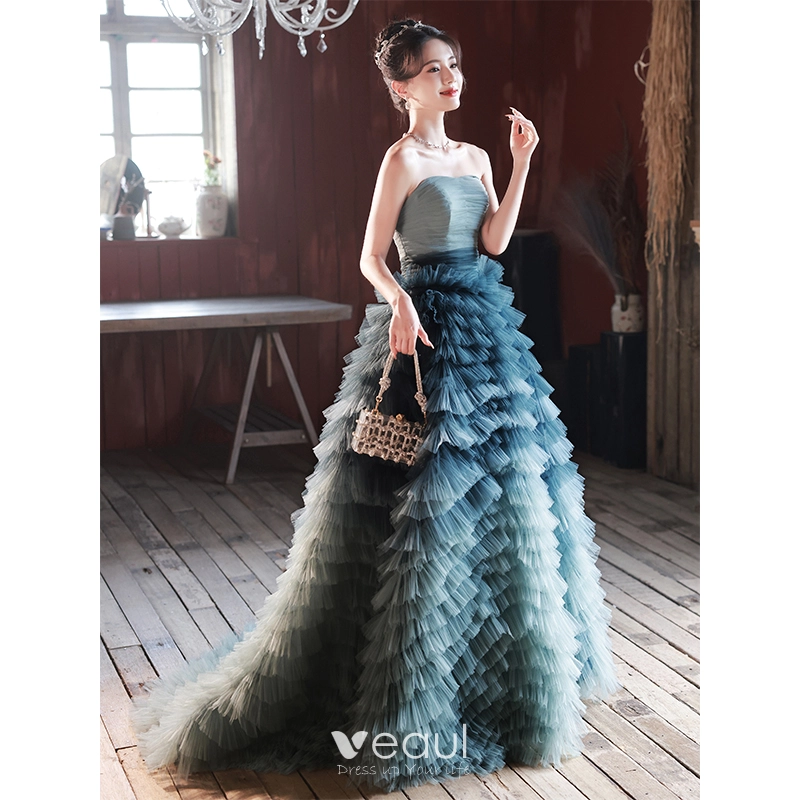 Modern / Fashion Ink Blue Cascading Ruffles Evening Dresses 2023 A-Line /  Princess Strapless Sleeveless Backless Sweep Train Evening Party Formal  Dresses