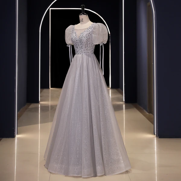 Scintillantes Argenté Gris Glitter Paillettes Robe De Bal 2023 Princesse Encolure Dégagée Manches Courtes Dos Nu Longue Promo Robe De Ceremonie