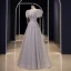 Scintillantes Argenté Gris Glitter Paillettes Robe De Bal 2023 Princesse Encolure Dégagée Manches Courtes Dos Nu Longue Promo Robe De Ceremonie