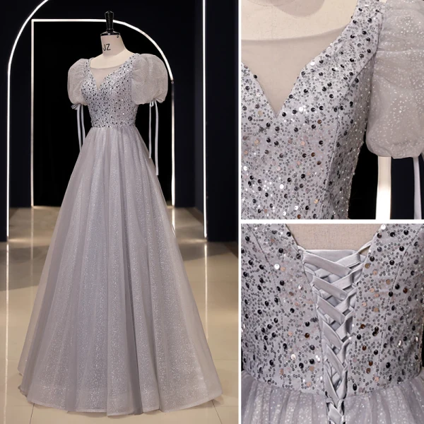 Scintillantes Argenté Gris Glitter Paillettes Robe De Bal 2023 Princesse Encolure Dégagée Manches Courtes Dos Nu Longue Promo Robe De Ceremonie