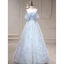 Flower Fairy Sky Blue Appliques Prom Dresses 2023 A-Line / Princess Off-The-Shoulder Sleeveless Backless Floor-Length / Long Prom Formal Dresses