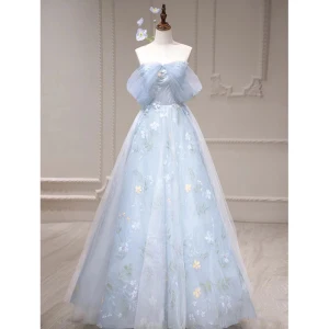 Flower Fairy Sky Blue Appliques Prom Dresses 2023 A Line Princess Off The Shoulder Sleeveless Backless Floor Length Long Prom Formal Dresses
