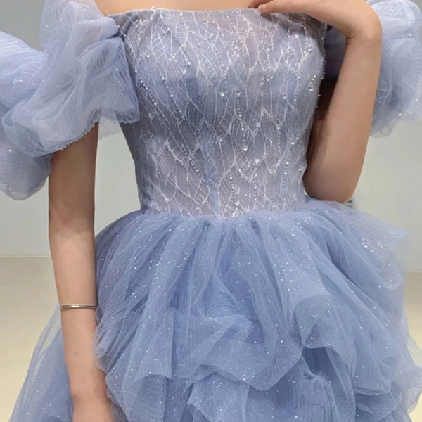 Chic / Beautiful Sky Blue Cascading Ruffles Sequins Prom Dresses 2023 A-Line / Princess Off-The-Shoulder Puffy Short Sleeve Backless Floor-Length / Long Prom Formal Dresses