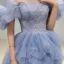 Chic / Beautiful Sky Blue Cascading Ruffles Sequins Prom Dresses 2023 A-Line / Princess Off-The-Shoulder Puffy Short Sleeve Backless Floor-Length / Long Prom Formal Dresses