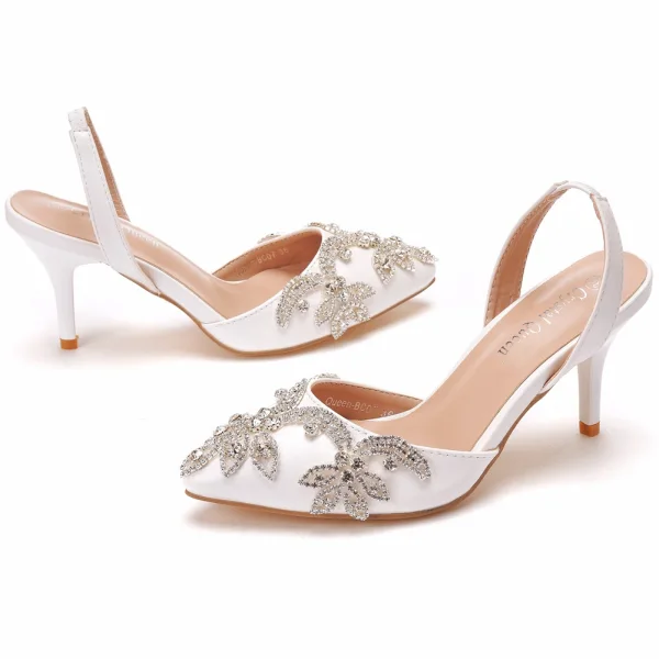 Chic / Beautiful White Rhinestone Wedding Shoes 2023 7 cm Stiletto Heels Pointed Toe Wedding High Heels