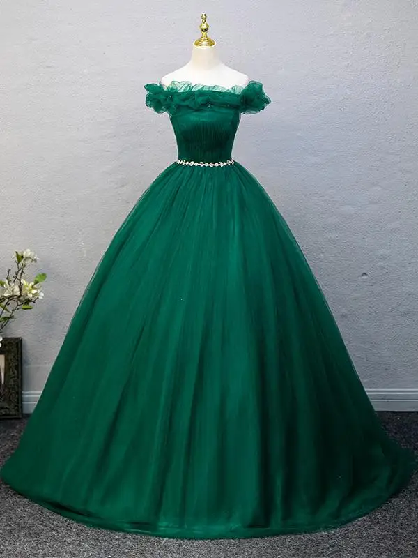 Vintage Dunkelgrün Strass Ballkleider 2025 A Linie Off Shoulder Ärmellos Rückenfreies Lange Ball Festliche Kleider