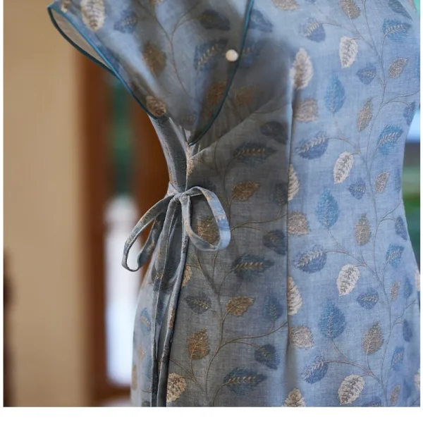 Chinese style Vintage / Retro Sky Blue Printing Cheongsam 2024 Trumpet / Mermaid High Neck Short Sleeve Tea-length
