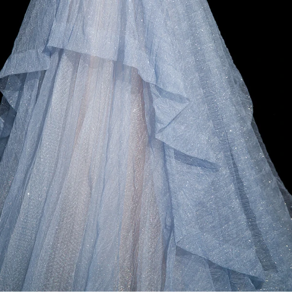 Bling Bling Himmelblau Perlenstickerei Strass Pailletten Ballkleider 2023 A Linie Spaghettiträger Rüschen Kurze Ärmel Rückenfreies Lange Ball Festliche Kleider