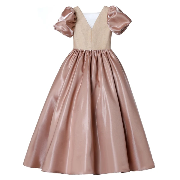 Chic / Beautiful Blushing Pink Satin Flower Girl Dresses 2022 Ball Gown V-Neck Puffy Short Sleeve Backless Floor-Length / Long Prom Flower Girl Dresses
