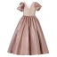 Chic / Beautiful Blushing Pink Satin Flower Girl Dresses 2022 Ball Gown V-Neck Puffy Short Sleeve Backless Floor-Length / Long Prom Flower Girl Dresses