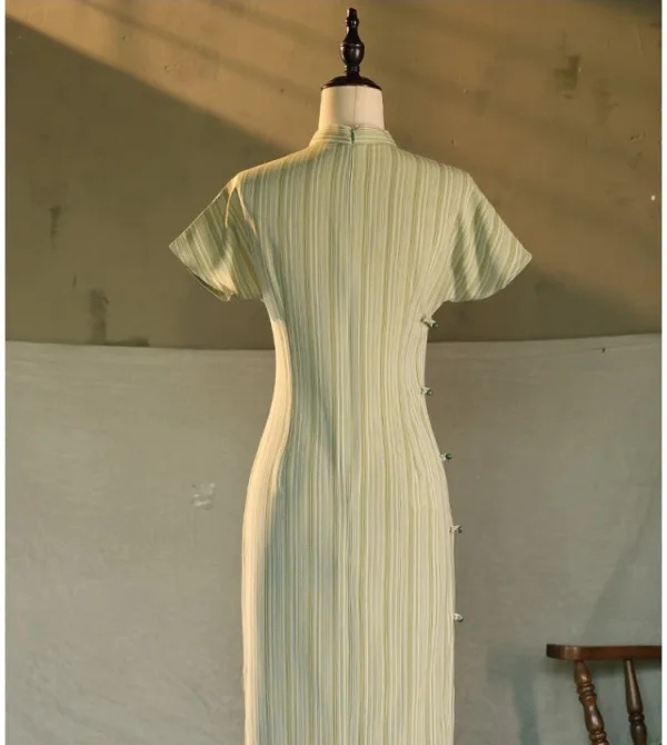 Chinese style Sage Green Split Front Floor-Length / Long Cheongsam 2024 Trumpet / Mermaid High Neck Short Sleeve Prom
