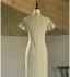 Chinese style Sage Green Split Front Floor-Length / Long Cheongsam 2024 Trumpet / Mermaid High Neck Short Sleeve Prom