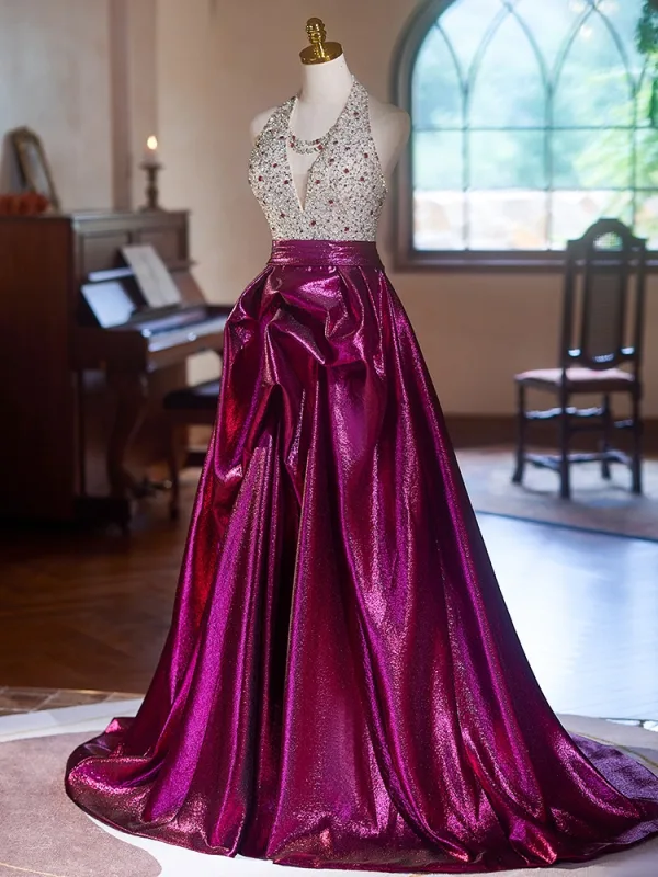 Fashion Fuchsia Beading Rhinestone Sequins Satin Prom Dresses 2024 A-Line / Princess V-Neck Sleeveless Backless Floor-Length / Long Prom Formal Dresses