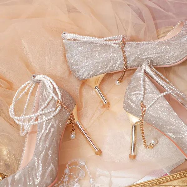 Charmant Champagne Paillettes Chaussure De Mariée 2022 Perle Bride Cheville 8 cm Talons Aiguilles À Bout Pointu Mariage Escarpins Talons Hauts