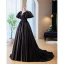 Vintage / Retro Black Satin Prom Dresses 2023 Ball Gown Scoop Neck Beading Pearl Puffy Short Sleeve Sweep Train Prom Formal Dresses
