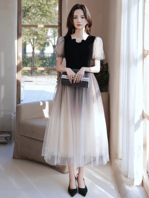 Chic Belle Noire Paillettes Robe De Bal 2022 Princesse Encolure Carrée Manches Courtes Longue Promo Robe De Bal