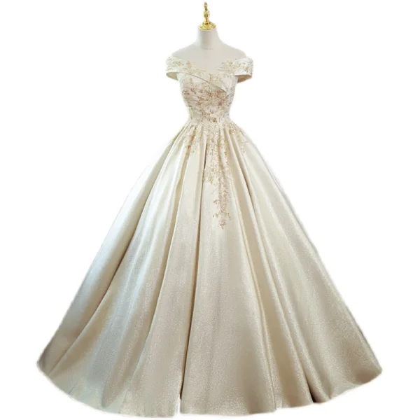 Elegant Champagne Prom Dresses 2022 Ball Gown Off-The-Shoulder Beading Sequins Sleeveless Backless Floor-Length / Long Prom Formal Dresses