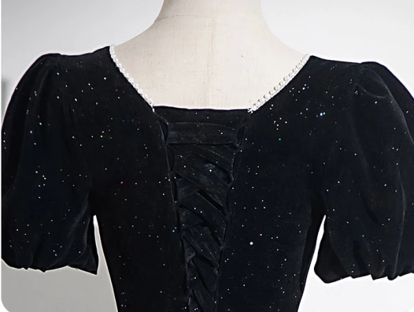 Elegant Black Glitter Prom Dresses 2024 A-Line / Princess Square Neckline Short Sleeve Backless Floor-Length / Long Formal Dresses