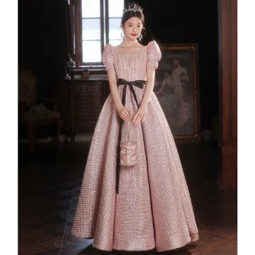 Chic Belle Rougissant Rose Paillettes Noeud Ceinture Robe De Bal 2024 Princesse Encolure Carrée Manches Courtes Dos Nu Longue Promo Robe De Ceremonie
