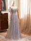 Charming Silver Grey Beading Sequins Prom Dresses 2024 A-Line / Princess Off-The-Shoulder Short Sleeve Backless Floor-Length / Long Prom Formal Dresses