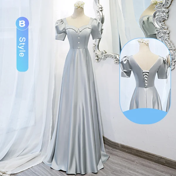 Modest / Simple Silver Grey Satin Bridesmaid Dresses 2022 A-Line / Princess Short Sleeve Backless Floor-Length / Long Wedding Party Dresses