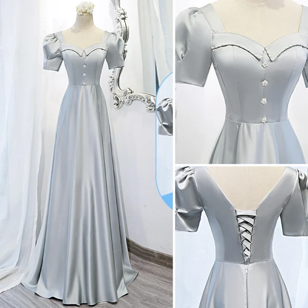 Modest / Simple Silver Grey Satin Bridesmaid Dresses 2022 A-Line / Princess Short Sleeve Backless Floor-Length / Long Wedding Party Dresses