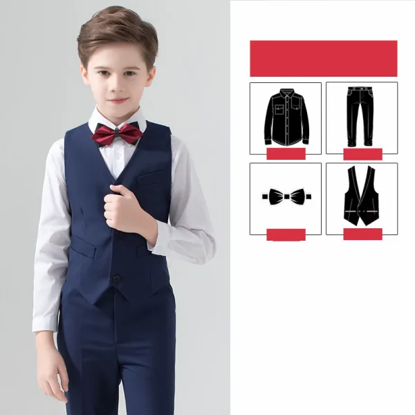 Moda Granatowe Krawat Kokarda Długie Rękawy Garnitur Dla Chłopca 2022 Płaszcz Spodnie Koszula