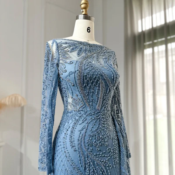 High-end Pool Blue Handmade Beading Lace Flower Prom Dresses 2024 Trumpet / Mermaid Scoop Neck Long Sleeve Floor-Length / Long Prom Formal Dresses