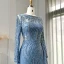 High-end Pool Blue Handmade  Beading Lace Flower Prom Dresses 2024 Trumpet / Mermaid Scoop Neck Long Sleeve Floor-Length / Long Prom Formal Dresses