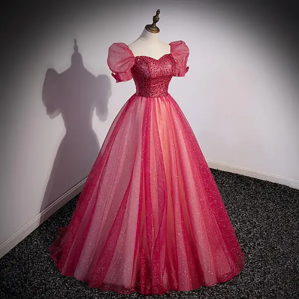 Elegante Rot Pailletten Ballkleider 2022 Ballkleid Eckiger Ausschnitt Geschwollenes Kurze Ärmel Rückenfreies Lange Ball Festliche Kleider