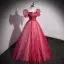 Elegante Rot Pailletten Ballkleider 2022 Ballkleid Eckiger Ausschnitt Geschwollenes Kurze Ärmel Rückenfreies Lange Ball Festliche Kleider