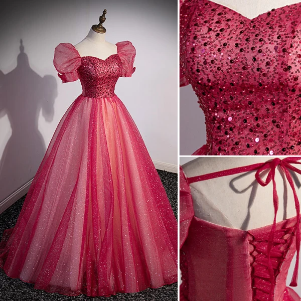 Elegante Rot Pailletten Ballkleider 2022 Ballkleid Eckiger Ausschnitt Geschwollenes Kurze Ärmel Rückenfreies Lange Ball Festliche Kleider