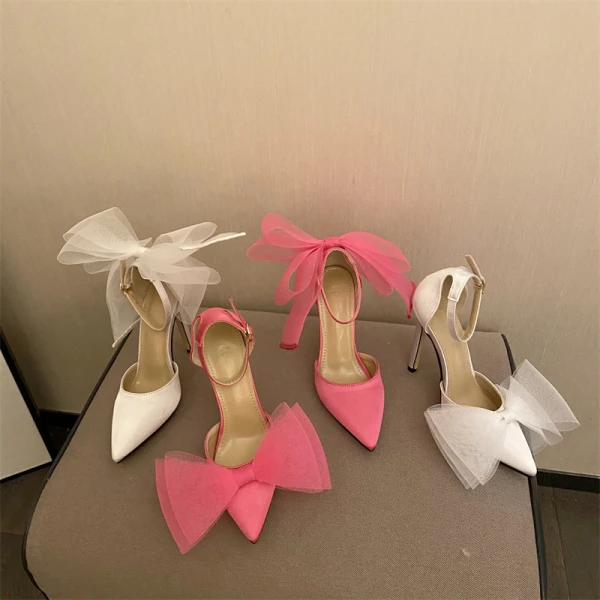 Charmant Fushia Soirée Été Sandales Femme 2022 11 cm Talons Aiguilles Bride Cheville Noeud À Bout Pointu Sandales Talons Hauts
