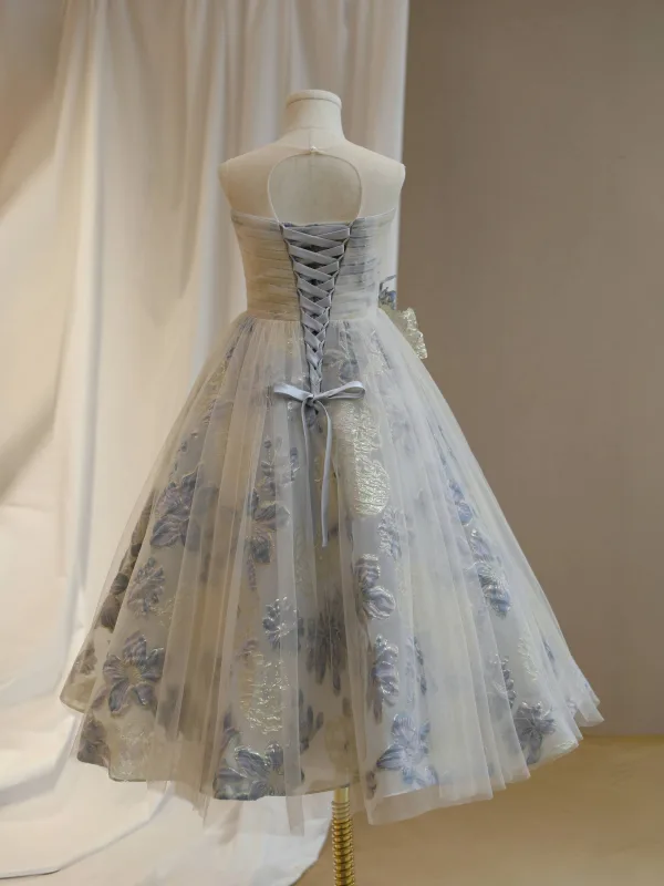 Chic / Beautiful Grey Beading Glitter Flower Birthday Flower Girl Dresses 2024 A-Line / Princess Scoop Neck Sleeveless Backless Bow Floor-Length / Long Tulle