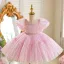 Lovely Blushing Pink Sequins Birthday Short Flower Girl Dresses 2026 Ball Gown Scoop Neck Puffy Short Sleeve