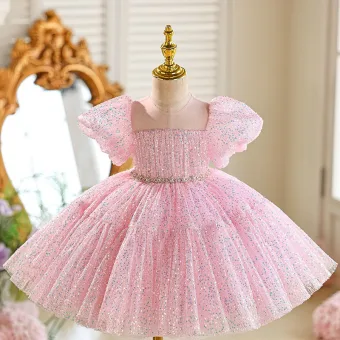 Schön Rosa Pailletten Geburtstag Kurze Blumenmädchenkleider 2026 Ballkleid Rundhalsausschnitt Geschwollenes Kurze Ärmel