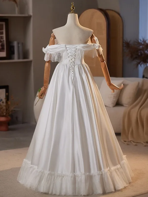 Vintage / Retro White Lace Flower Satin Wedding Dresses 2025 A-Line / Princess Off-The-Shoulder Sleeveless Backless Floor-Length / Long