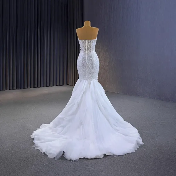 Haut de Gamme Charmant Blanche Perlage Perle Paillettes Robe De Mariée 2023 Trompette / Sirène Bustier Sans Manches Dos Nu Train De Balayage Mariage