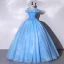 Cinderella Elegant Sky Blue Sequins Prom Dresses 2023 Ball Gown Ruffle Off-The-Shoulder Sleeveless Backless Floor-Length / Long Prom Formal Dresses