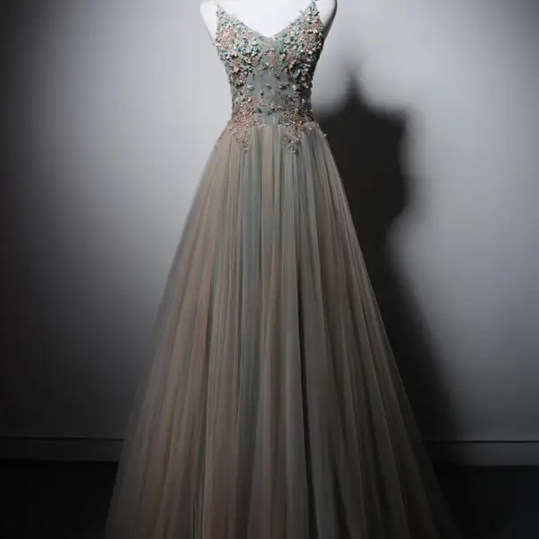 Elegant Multi-Colors Beading Appliques Prom Dresses 2025 A-Line / Princess Spaghetti Straps Sleeveless Backless Floor-Length / Long Prom Formal Dresses