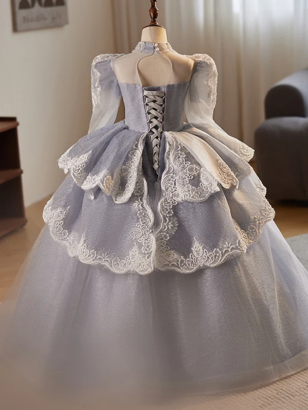 Médiévale Gris Perlage Perle Paillettes En Dentelle Fleur Volants en Cascade Anniversaire Robe Ceremonie Fille 2024 Robe Boule Col Haut Manches Longues Dos Nu Longue